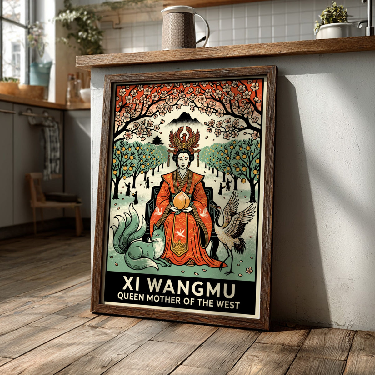 Poster featuring the Queen Mother of the West holding a peach with fox