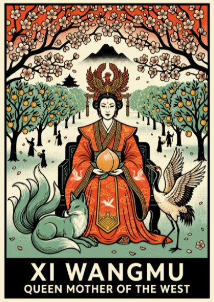 Poster featuring the Queen Mother of the West holding a peach with fox
