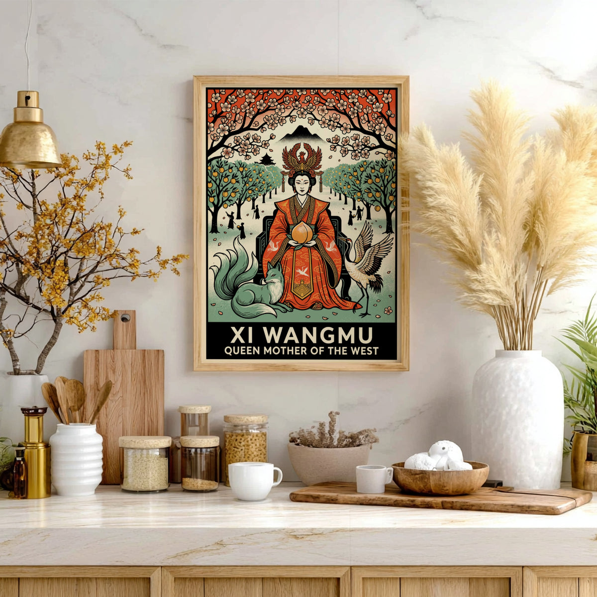 Poster featuring the Queen Mother of the West holding a peach with fox