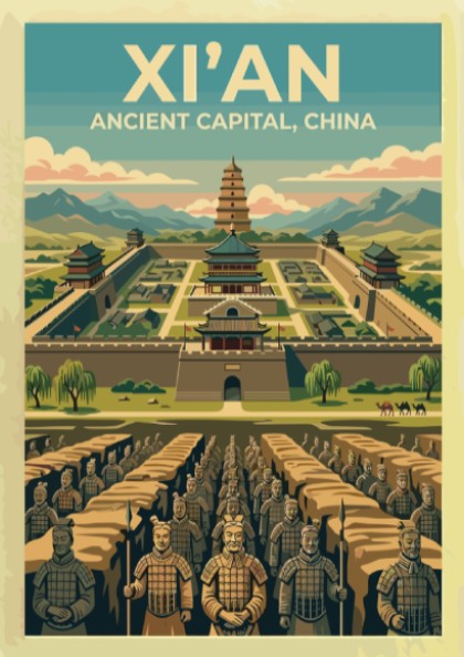 Vintage travel poster featuring Xi'an with the Terracotta Army and mountains, perfect for wall decor.