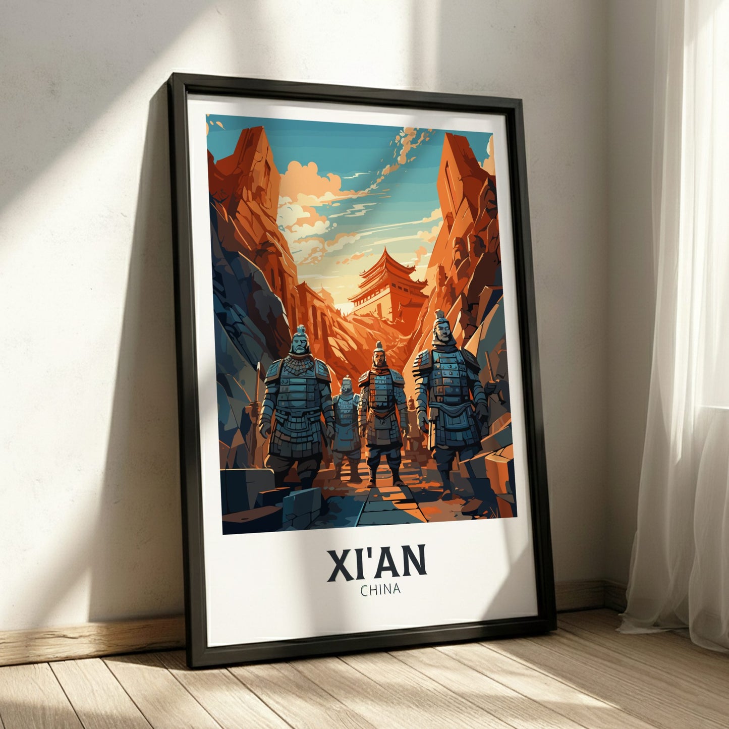 Framed poster of Terracotta Warriors in Xi'an, China on a wall.