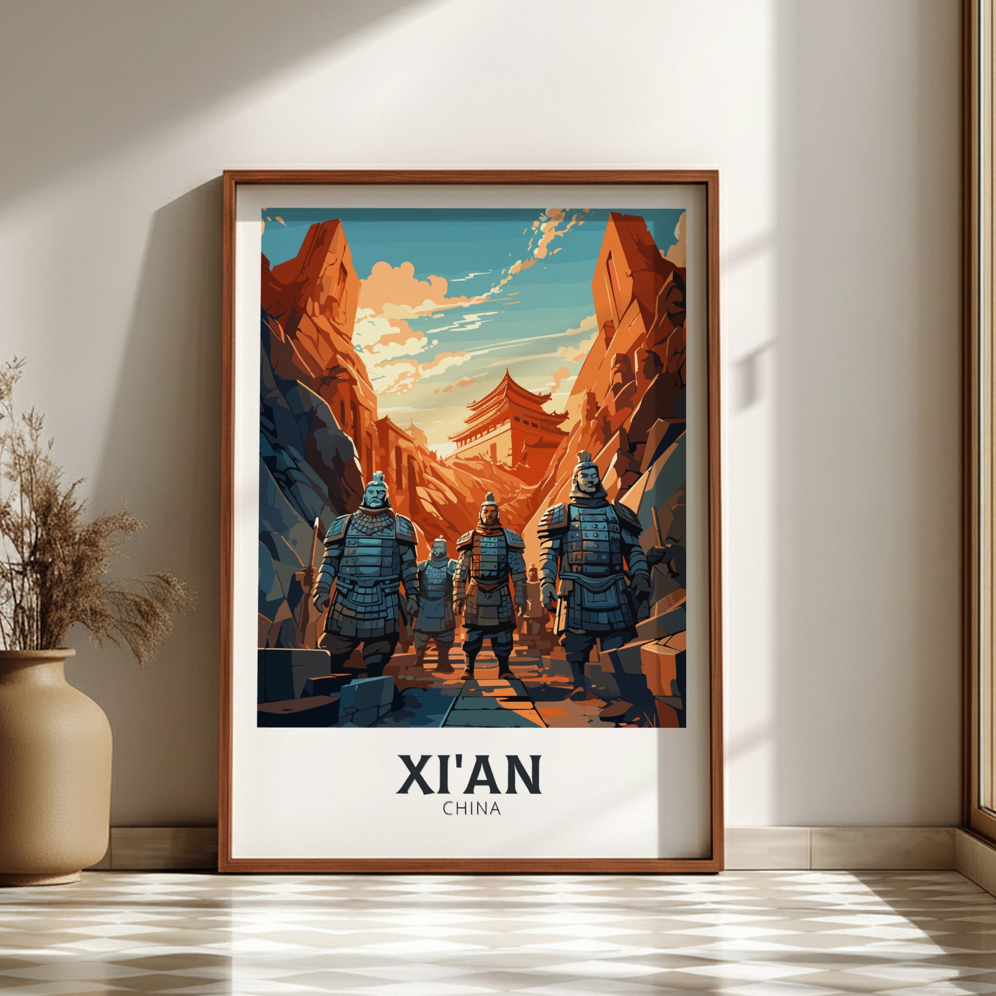 Framed poster of Terracotta Warriors in Xi'an, China on a wall.