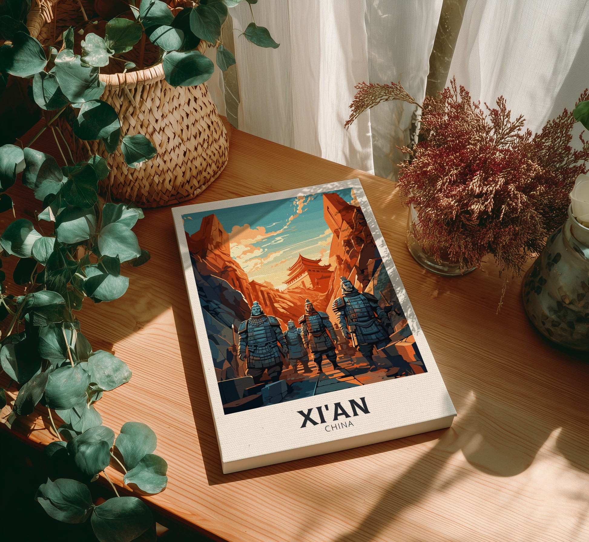 Canvas 'Xi'an China' on a wooden table with plants