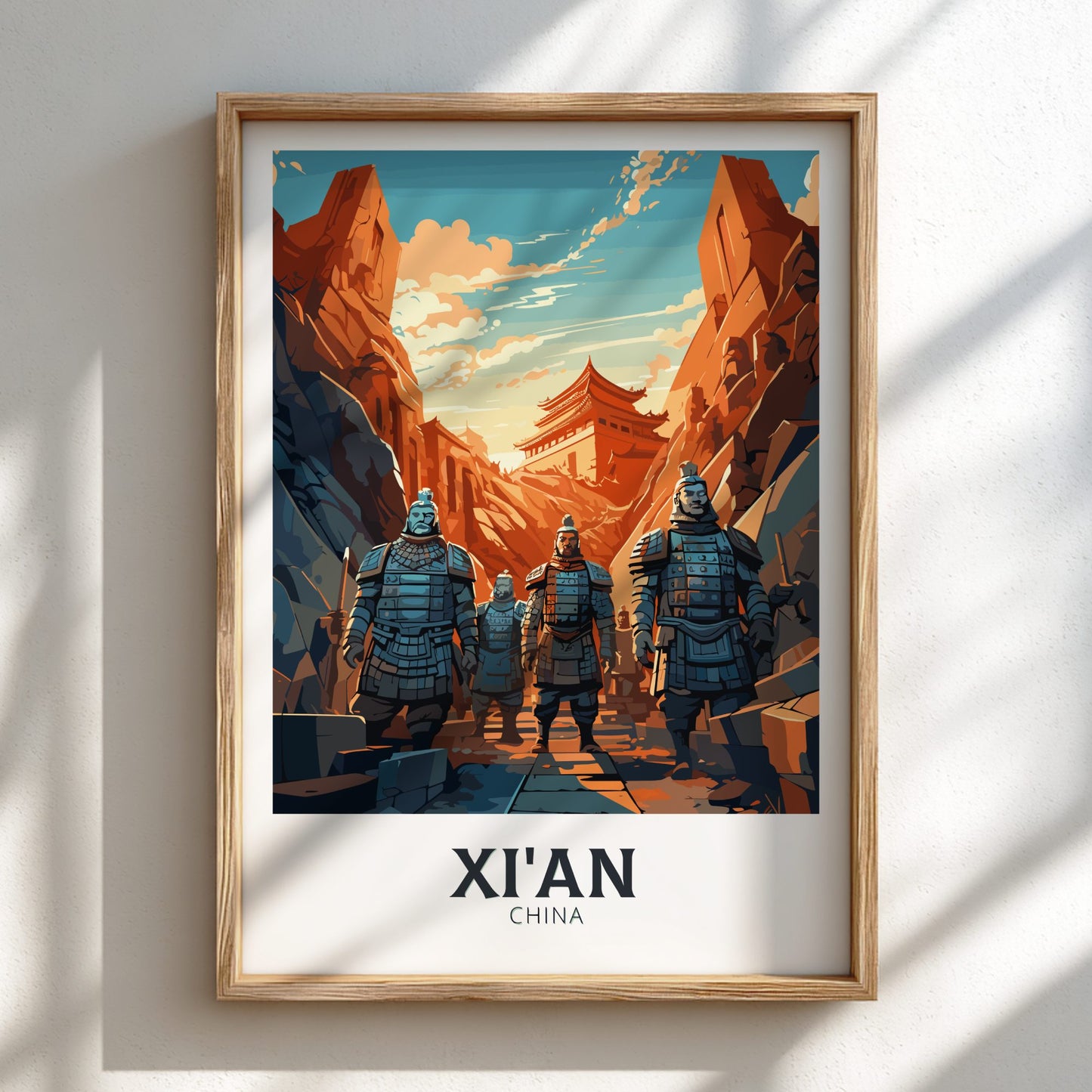 Framed poster of warriors in armor with a mountainous landscape and 'Xi'an China' text.