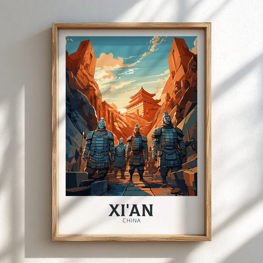 Framed poster of warriors in armor with a mountainous landscape and 'Xi'an China' text.