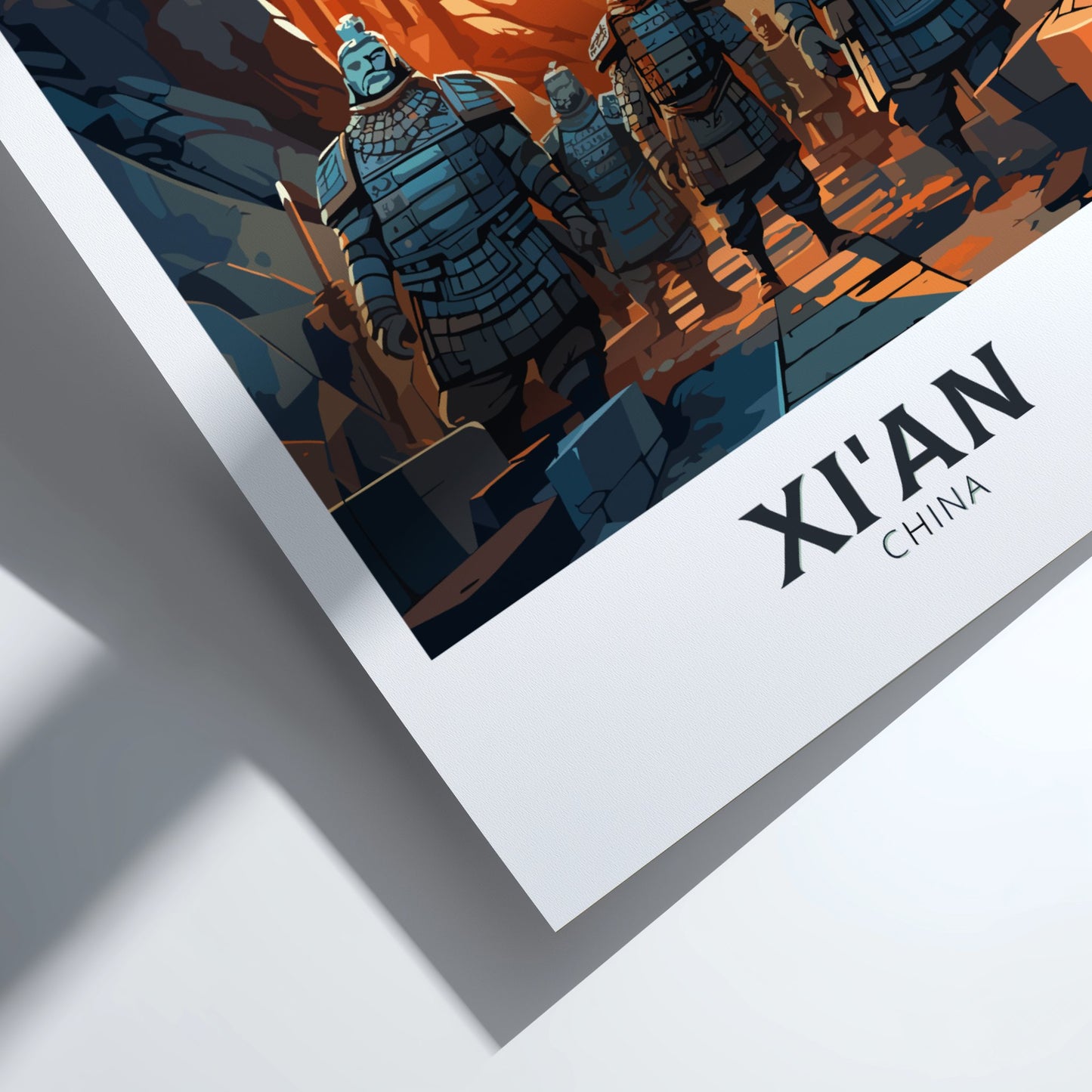 Framed artwork of Terracotta Warriors with 'Xi'an China' text