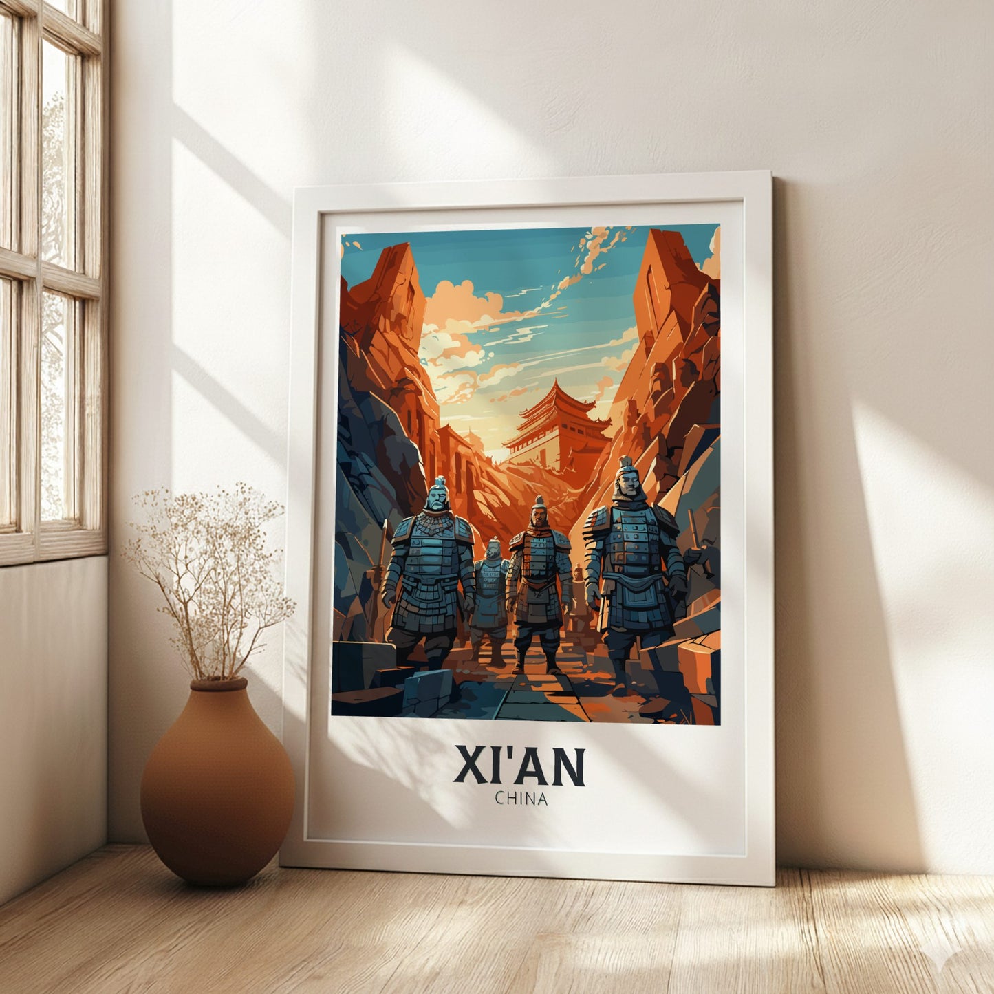 Framed poster of Terracotta Warriors in Xi'an, China, on a wall with natural light.