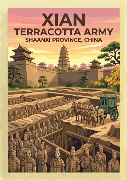 Xian Terracotta Army poster featuring rows of soldiers, a horse-drawn carriage, and pagoda.