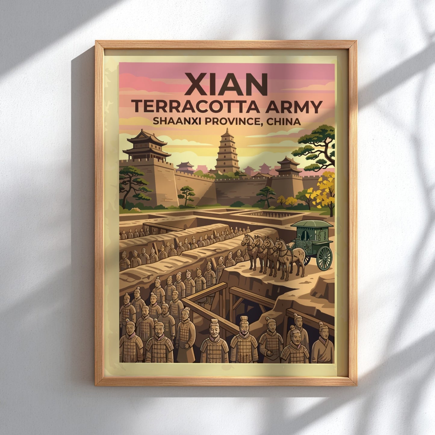 Xian Terracotta Army poster featuring rows of soldiers, a horse-drawn carriage, and pagoda.