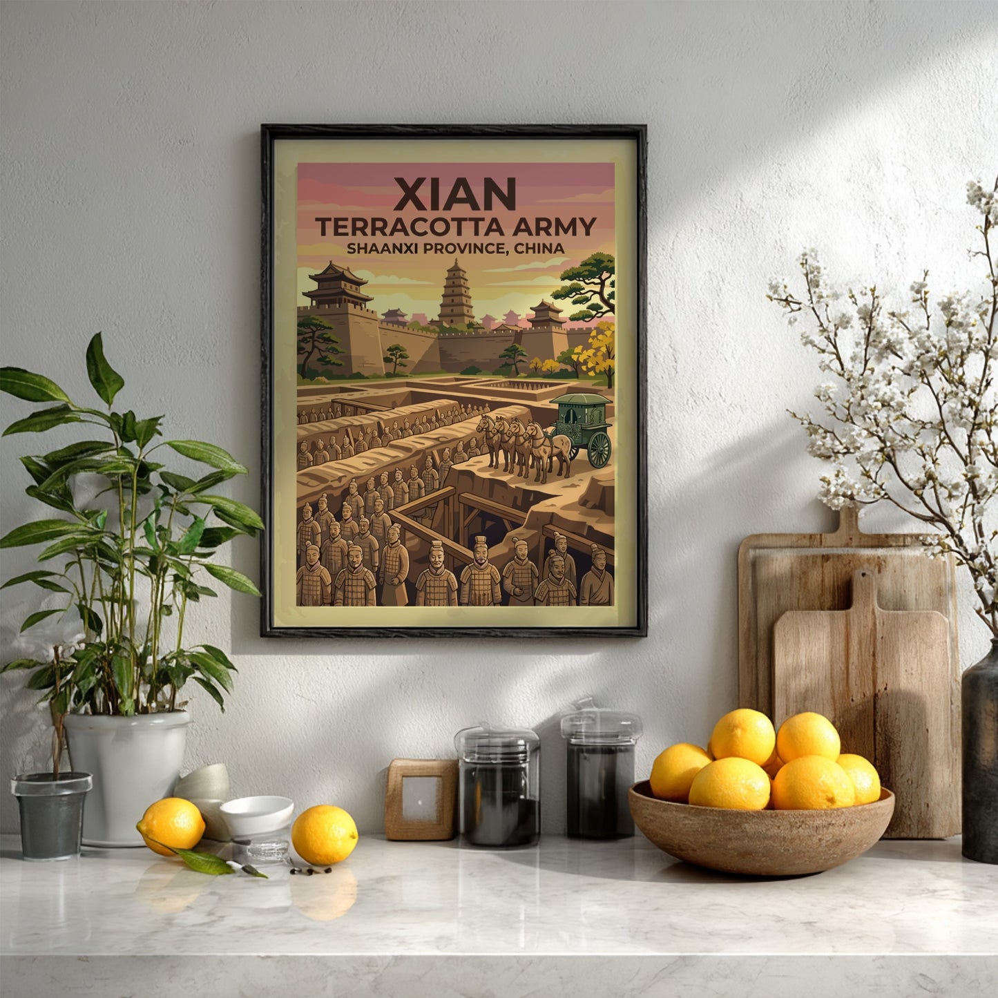 Xian Terracotta Army poster featuring rows of soldiers, a horse-drawn carriage, and pagoda.