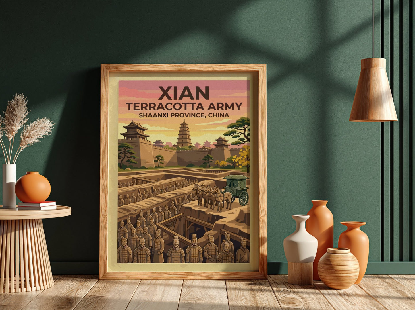 Xian Terracotta Army poster featuring rows of soldiers, a horse-drawn carriage, and pagoda.