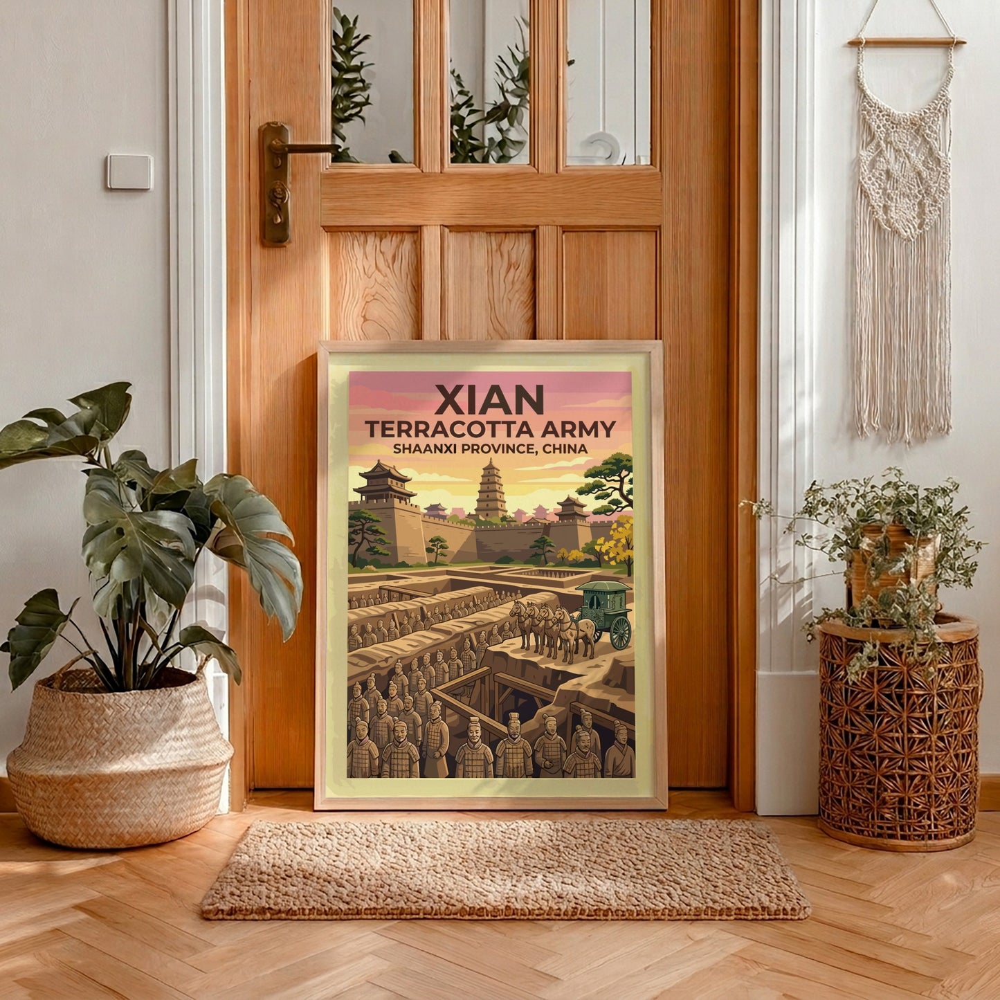 Xian Terracotta Army poster featuring rows of soldiers, a horse-drawn carriage, and pagoda.