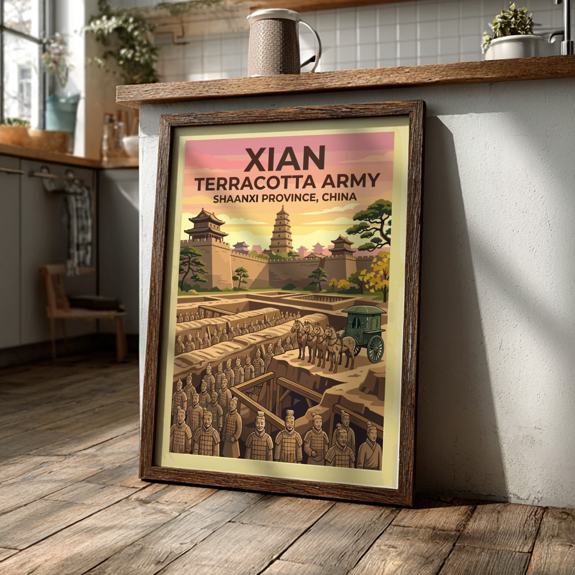 Xian Terracotta Army poster featuring rows of soldiers, a horse-drawn carriage, and pagoda.