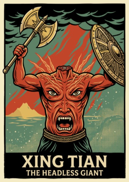Poster of Xing Tian the headless giant holding a battle axe and shield