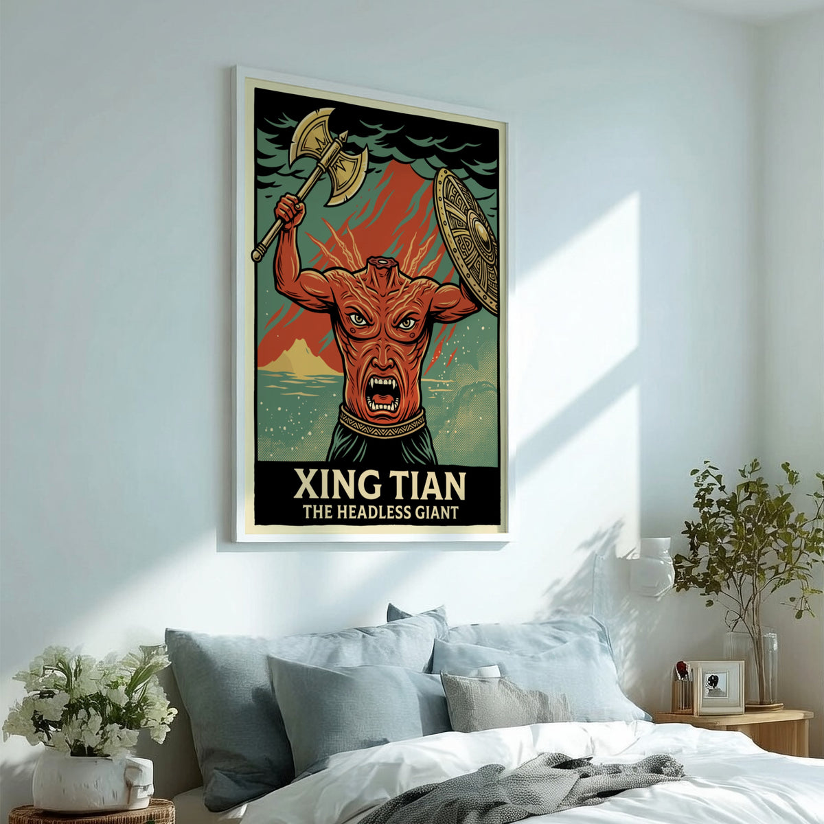 Poster of Xing Tian the headless giant holding a battle axe and shield