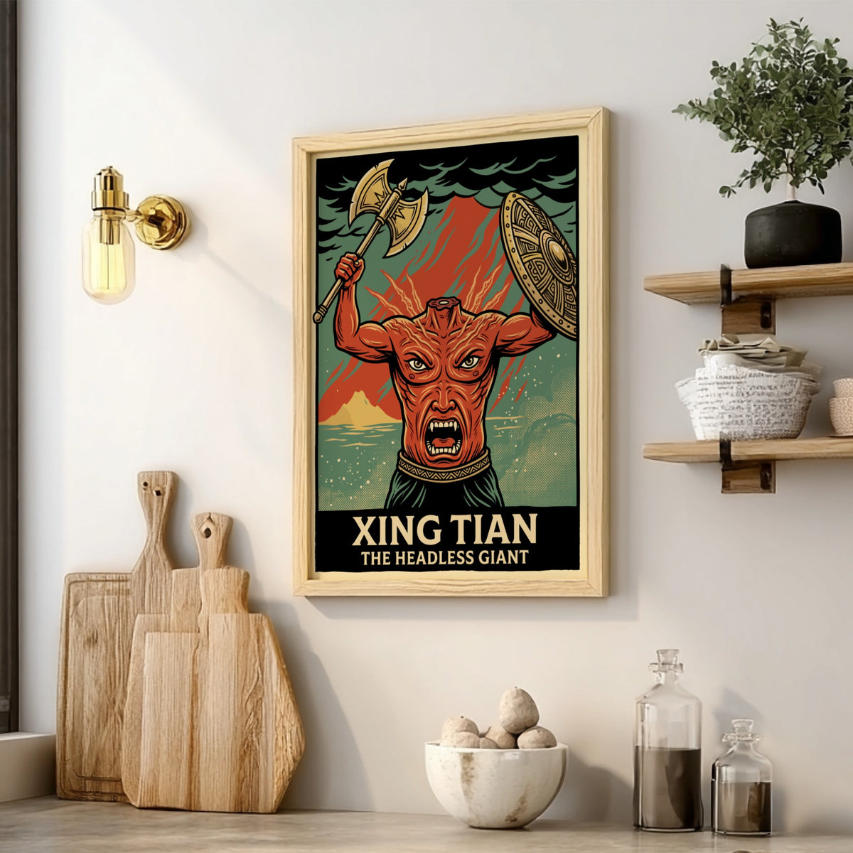 Poster of Xing Tian the headless giant holding a battle axe and shield