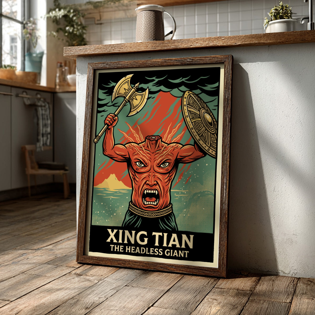 Poster of Xing Tian the headless giant holding a battle axe and shield