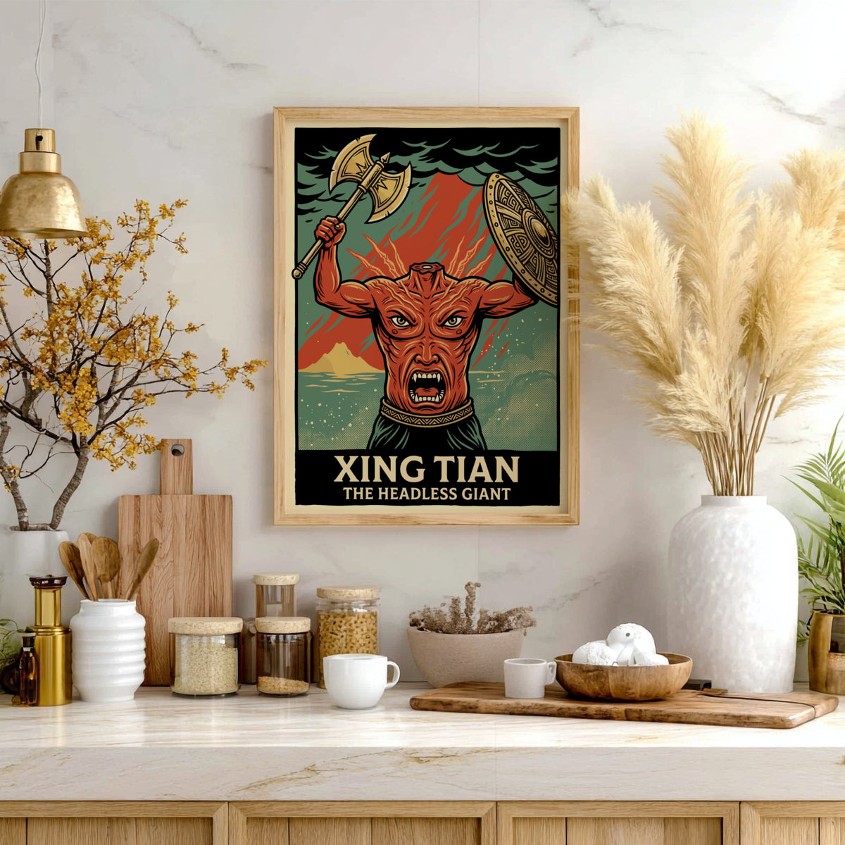 Poster of Xing Tian the headless giant holding a battle axe and shield