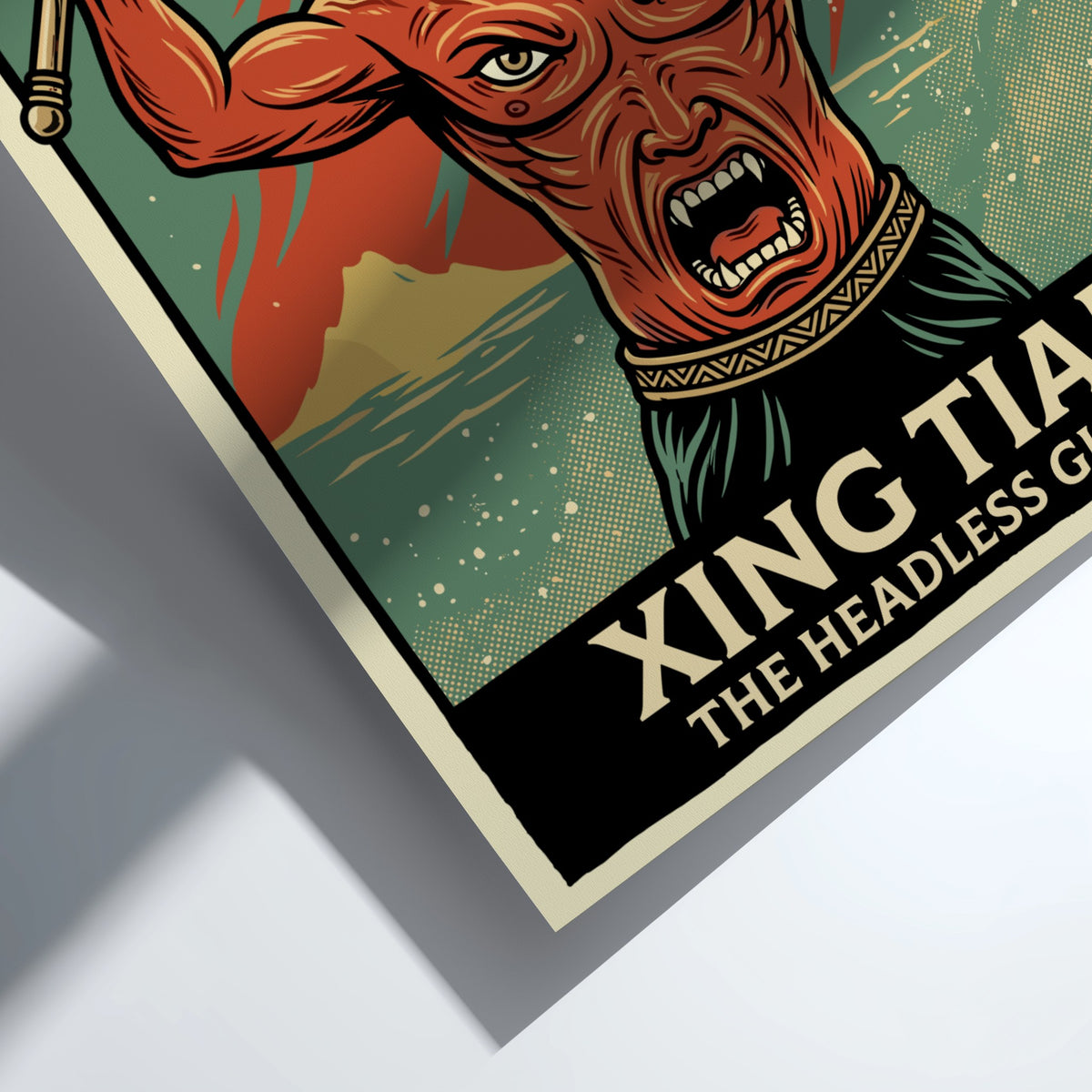 Poster of Xing Tian the headless giant holding a battle axe and shield