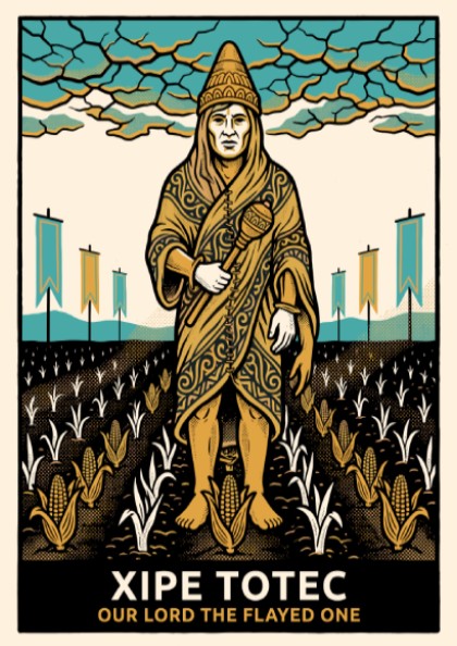 Poster of Xipe Totec the flayed one in gold and turquoise graphic style