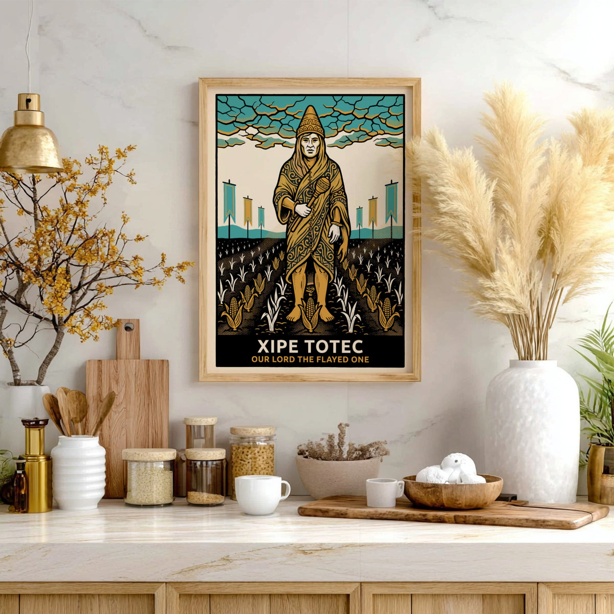 Poster of Xipe Totec the flayed one in gold and turquoise graphic style