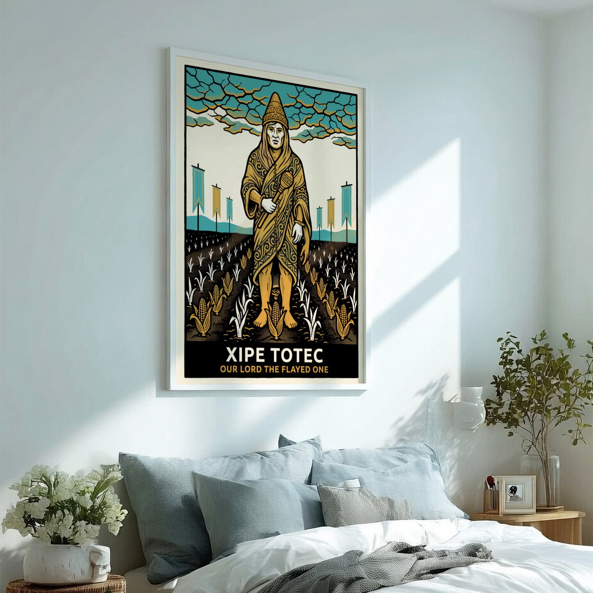 Poster of Xipe Totec the flayed one in gold and turquoise graphic style