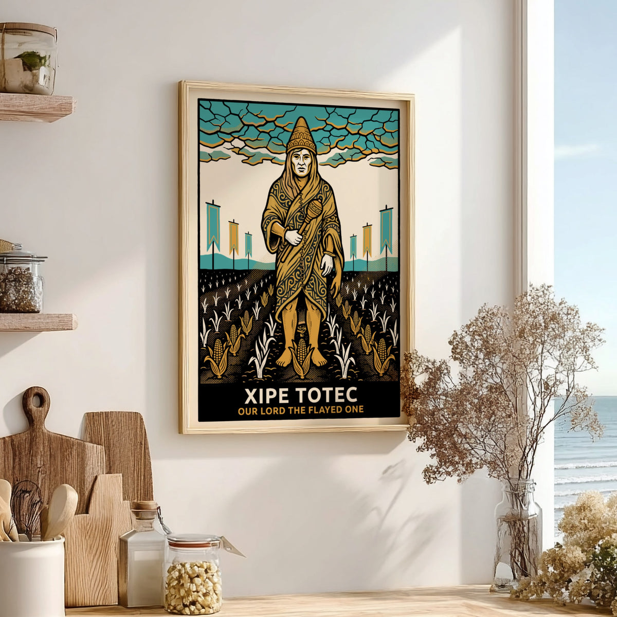 Poster of Xipe Totec the flayed one in gold and turquoise graphic style