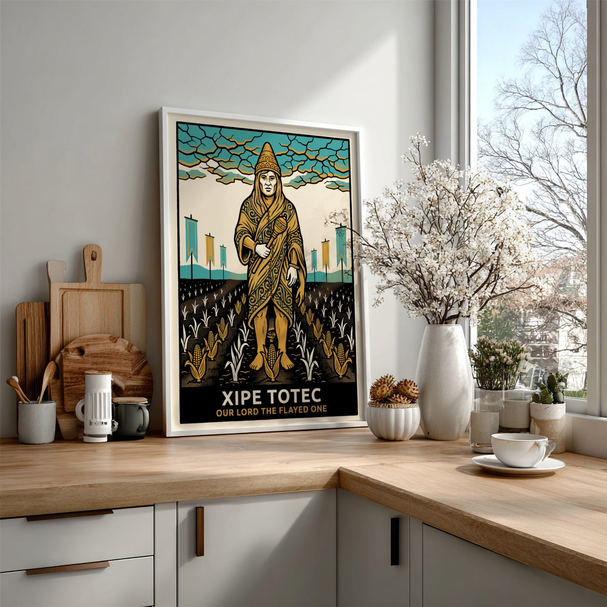 Poster of Xipe Totec the flayed one in gold and turquoise graphic style