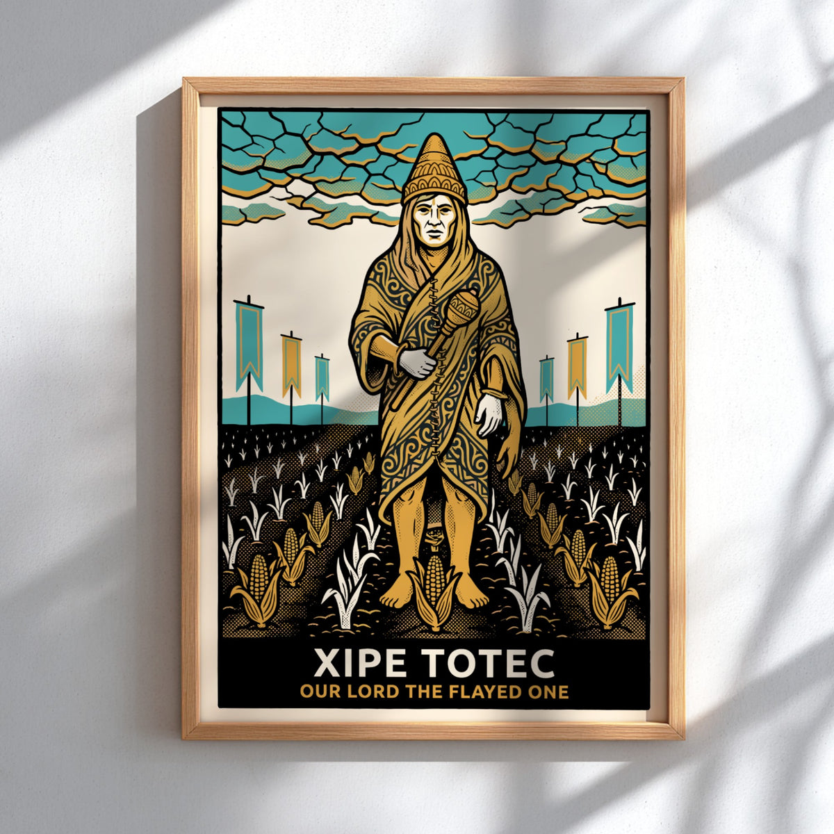 Poster of Xipe Totec the flayed one in gold and turquoise graphic style