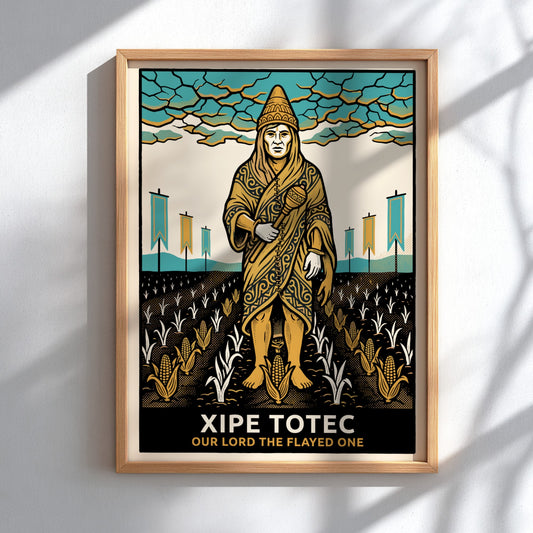 Poster of Xipe Totec the flayed one in gold and turquoise graphic style