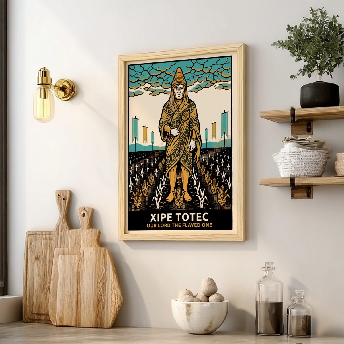Poster of Xipe Totec the flayed one in gold and turquoise graphic style