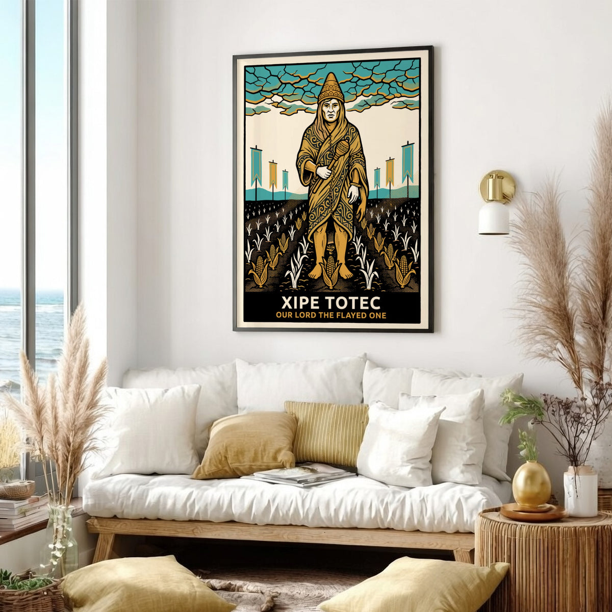 Poster of Xipe Totec the flayed one in gold and turquoise graphic style