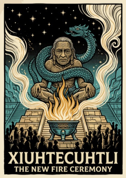 Poster of the Aztec deity Xiuhtecuhtli surrounded by a serpent and sacred fire flames