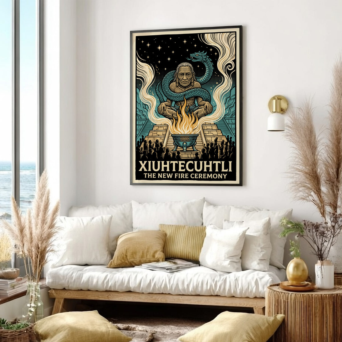 Poster of the Aztec deity Xiuhtecuhtli surrounded by a serpent and sacred fire flames