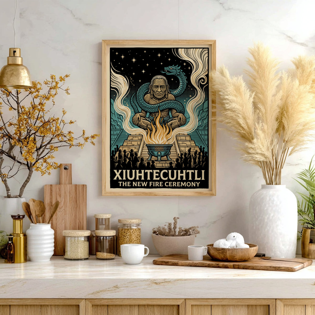 Poster of the Aztec deity Xiuhtecuhtli surrounded by a serpent and sacred fire flames