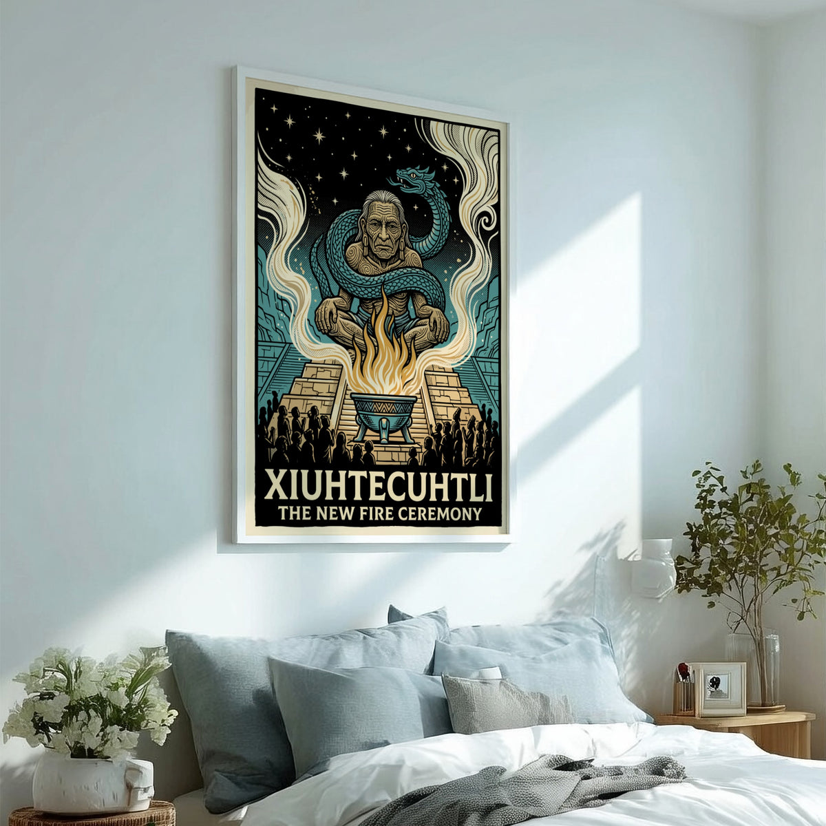 Poster of the Aztec deity Xiuhtecuhtli surrounded by a serpent and sacred fire flames