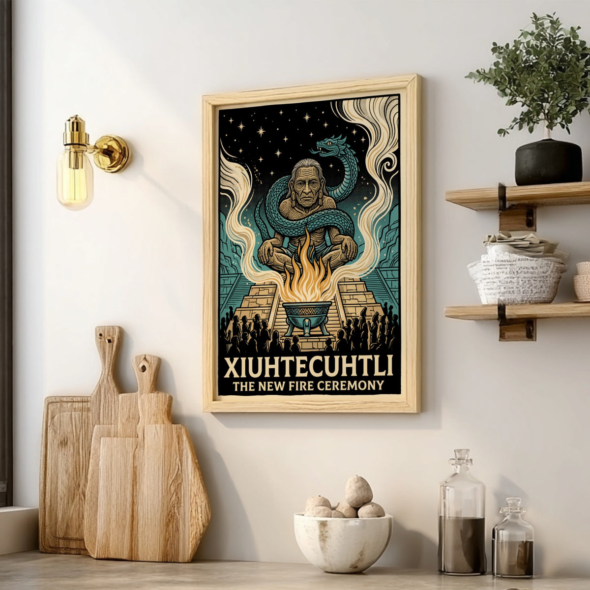 Poster of the Aztec deity Xiuhtecuhtli surrounded by a serpent and sacred fire flames