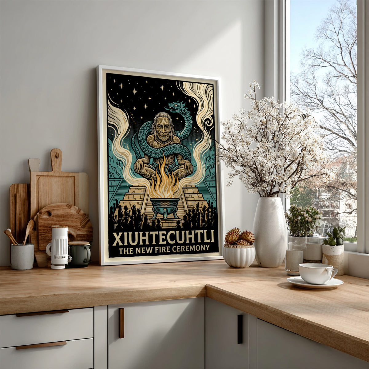 Poster of the Aztec deity Xiuhtecuhtli surrounded by a serpent and sacred fire flames