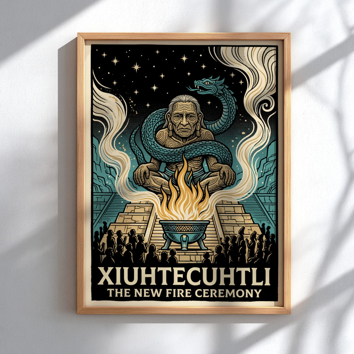 Poster of the Aztec deity Xiuhtecuhtli surrounded by a serpent and sacred fire flames