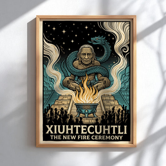 Poster of the Aztec deity Xiuhtecuhtli surrounded by a serpent and sacred fire flames