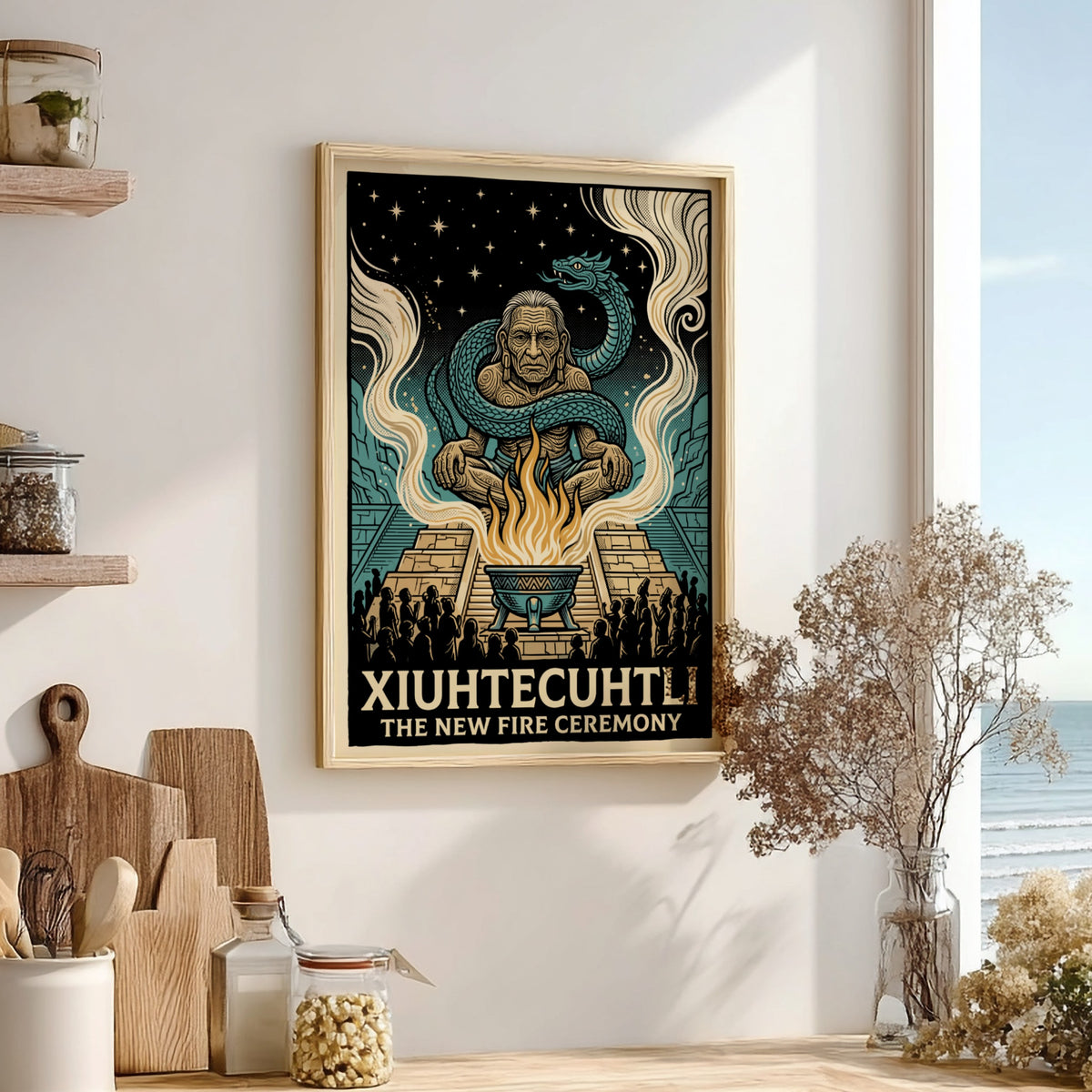 Poster of the Aztec deity Xiuhtecuhtli surrounded by a serpent and sacred fire flames