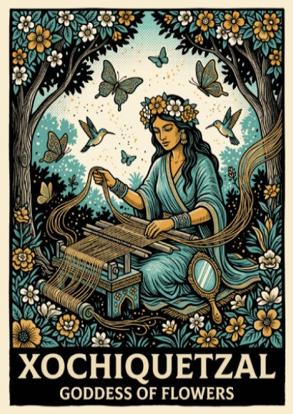Poster of Xochiquetzal, the Goddess of Flowers, weaving amidst blue and gold florals.
