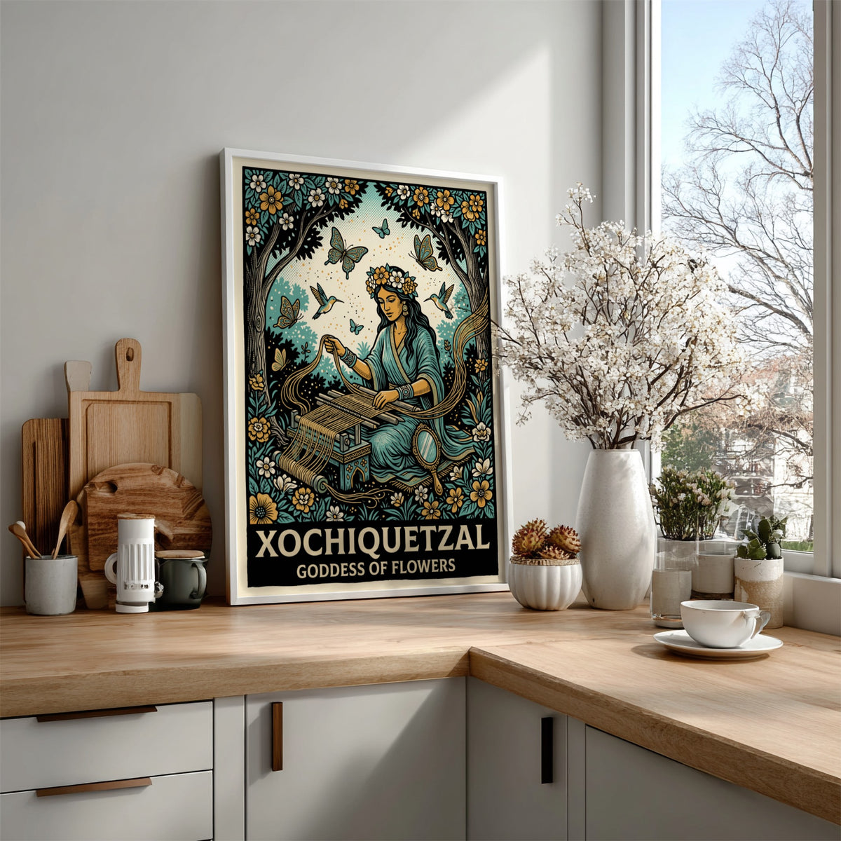 Poster of Xochiquetzal, the Goddess of Flowers, weaving amidst blue and gold florals.