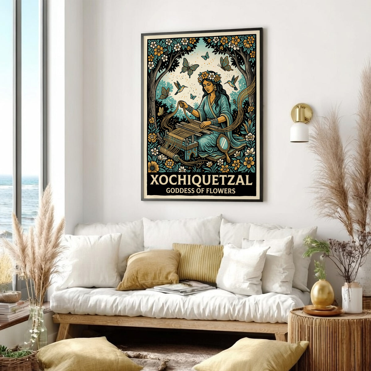 Poster of Xochiquetzal, the Goddess of Flowers, weaving amidst blue and gold florals.