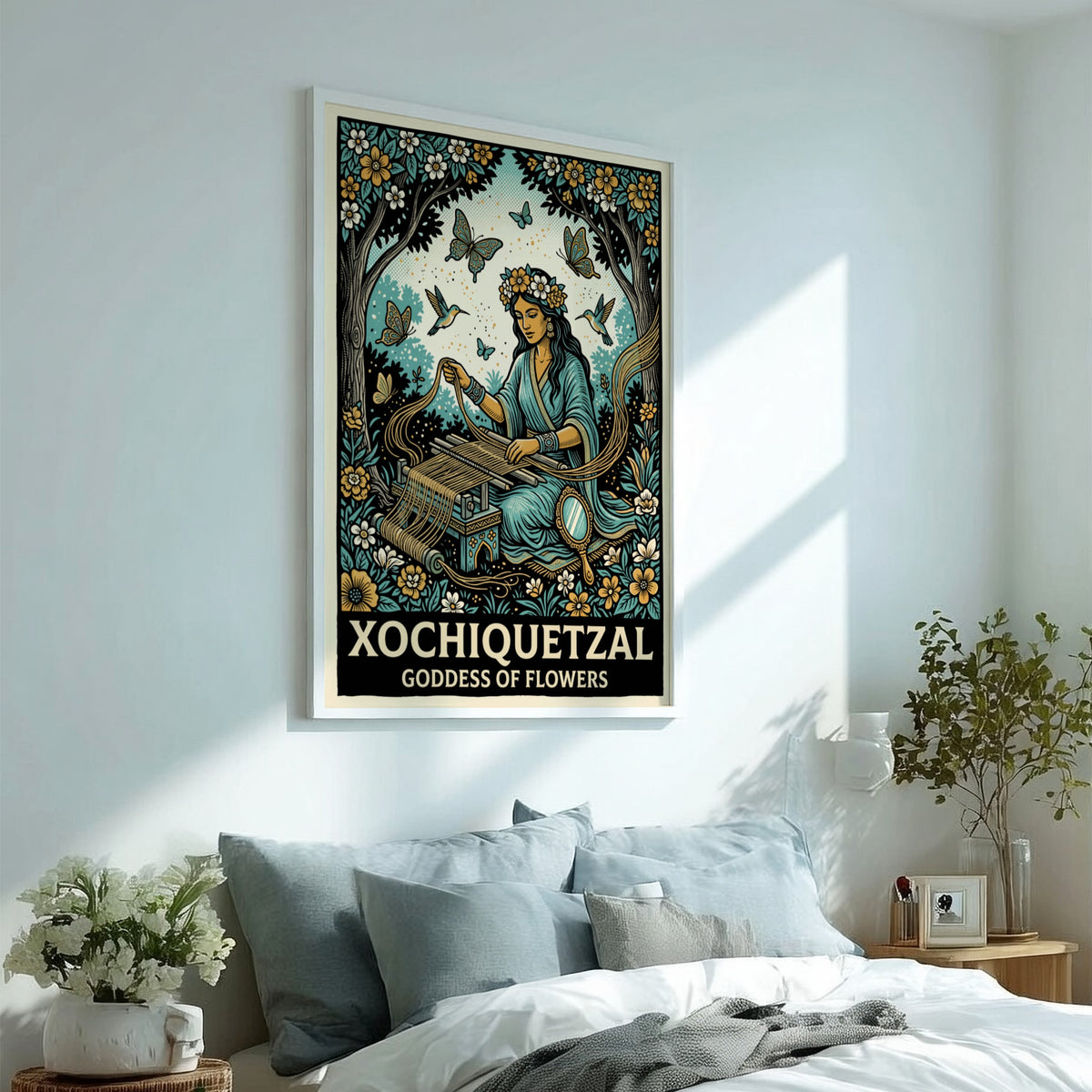 Poster of Xochiquetzal, the Goddess of Flowers, weaving amidst blue and gold florals.
