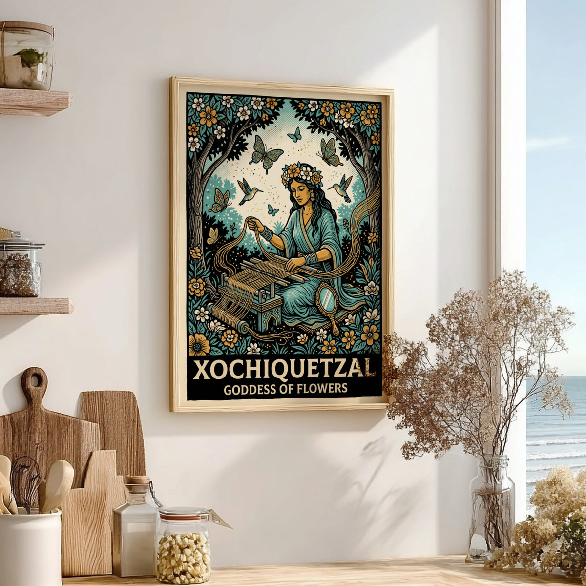 Poster of Xochiquetzal, the Goddess of Flowers, weaving amidst blue and gold florals.