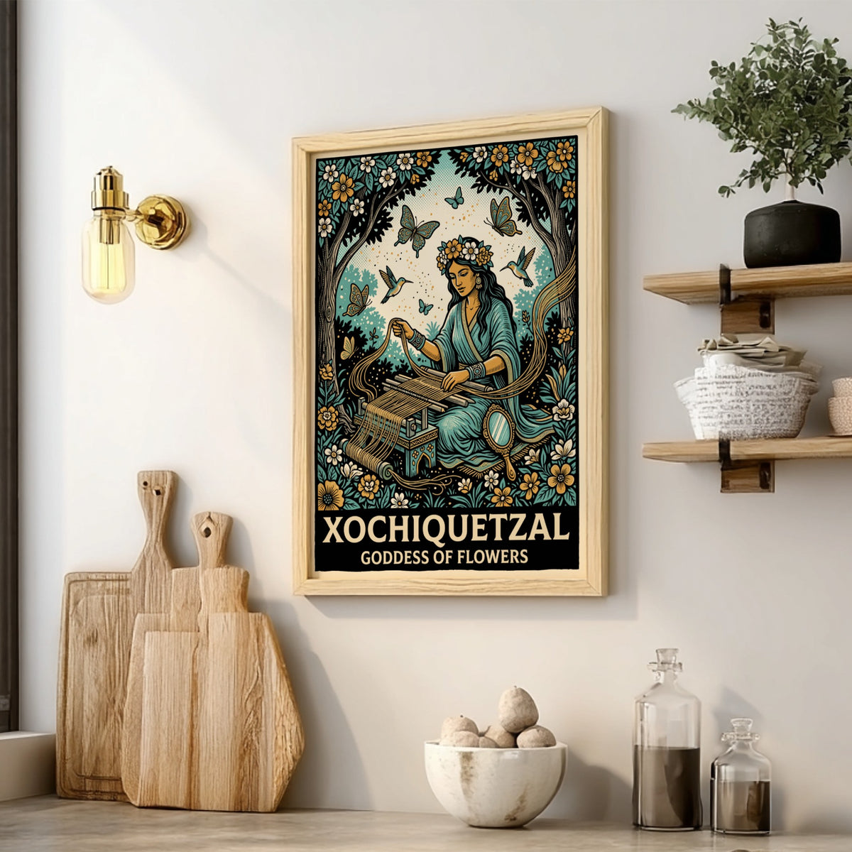 Poster of Xochiquetzal, the Goddess of Flowers, weaving amidst blue and gold florals.