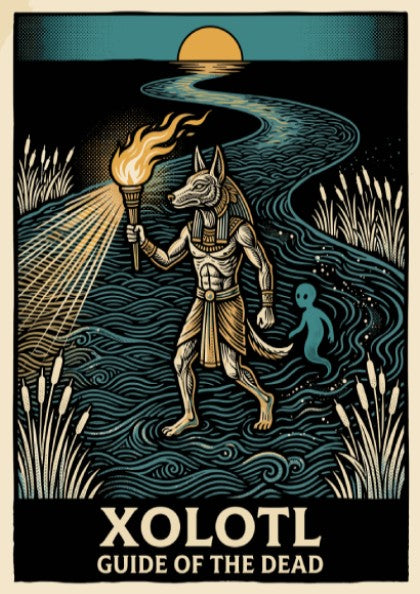Poster featuring the canine deity Xolotl holding a torch while guiding a spirit.