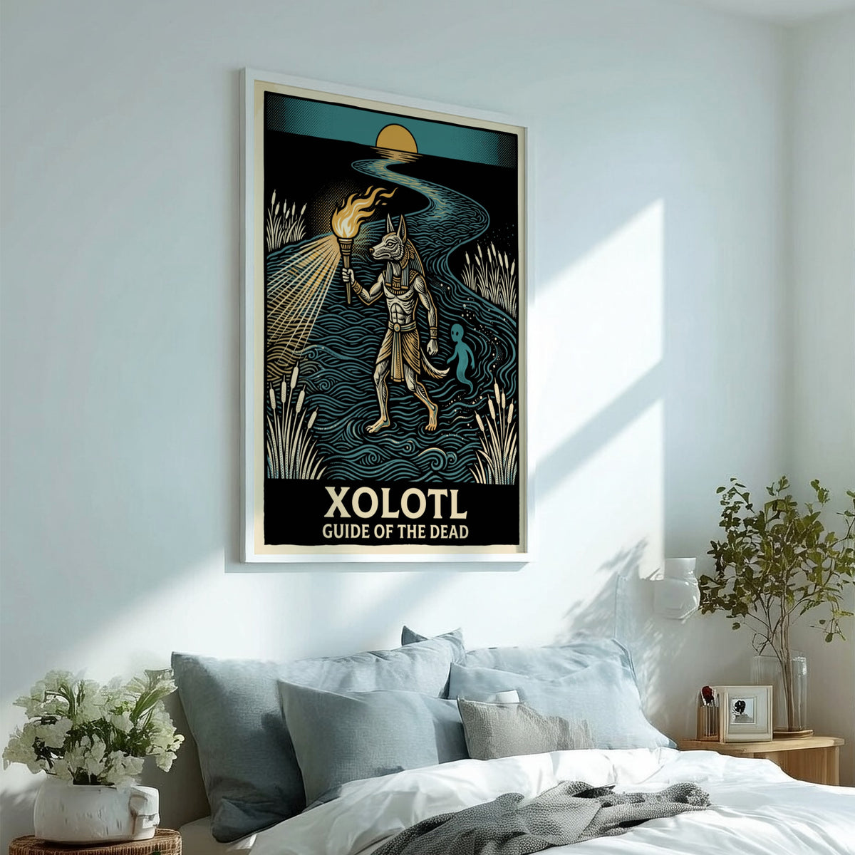 Poster featuring the canine deity Xolotl holding a torch while guiding a spirit.