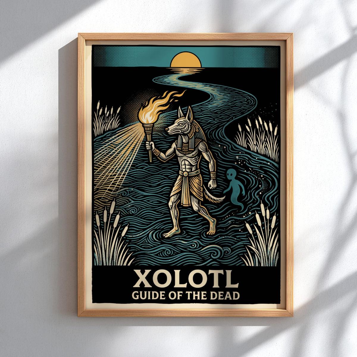 Poster featuring the canine deity Xolotl holding a torch while guiding a spirit.